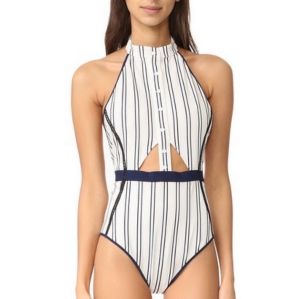 Jonathan Simkhai High Neck Stripe One Piece Suit